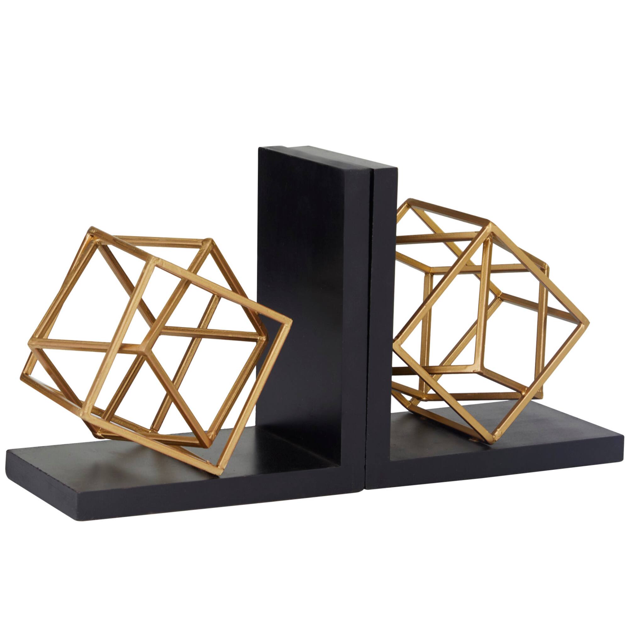 8" Gold Stainless Steel Overlapping Cube Geometric Bookends with Black Bases Set